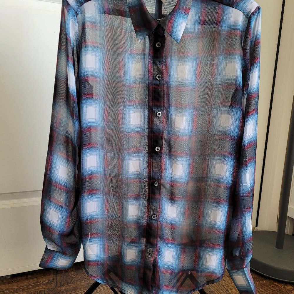 Plaid Tartan Chiffon Buttondown Shirt Blouse Blue White Burgandy Size Small